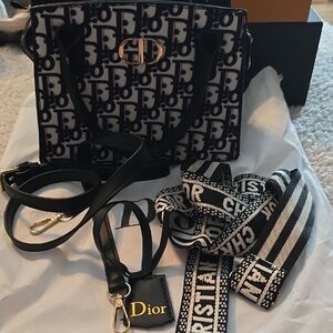 Dior Black and White Oblique Logo Tote with Gold CD Accent